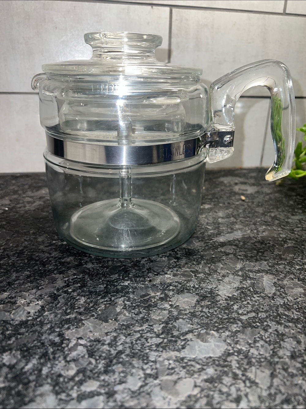 4 CUP VINTAGE  PYREX FLAMEWARE Glass Stovetop Coffee Pot with Stainless Band